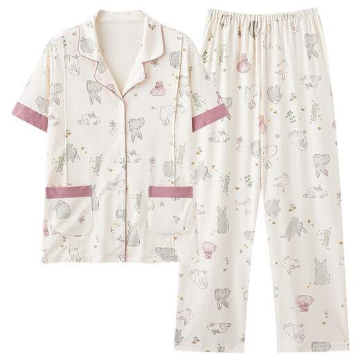 猫人月子服纯棉产后孕妇睡衣夏季薄款产妇喂奶哺乳加大码家居服套装 HD6913 5XL