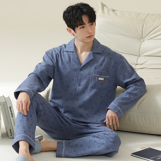 LangSha men's spring pure cotton cardigan long sleeves 2025 new loose large size can be worn outside home clothing set 16873 M L170-175C60-70KG