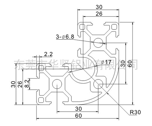 Renjuyi [Aluminio Huajian] -6630R European estándar de arco industrial perfil de perfil de aluminio material de esquina redondeada cilíndrica