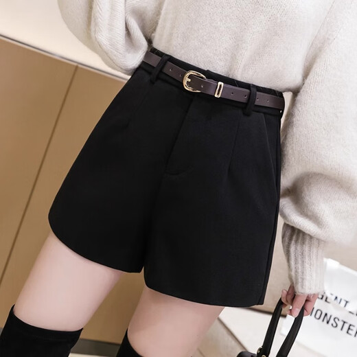 FOX.G black shorts for women for autumn and winter casual loose leggings showing long legs for girls women's commuter suit pants black button elastic waist woolen shorts without belt M recommended 100-115 Jin Jin equals 0.5 kg