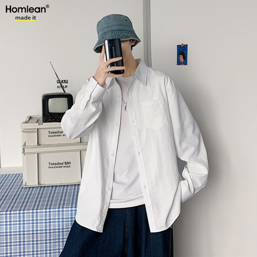Homlean japanische Feste Farbe Literarischer Hemd Herren Frühling und Sommer Langarm Basis High-End High-End Hong Kong Style Casual Inner Wear HL02 White XL