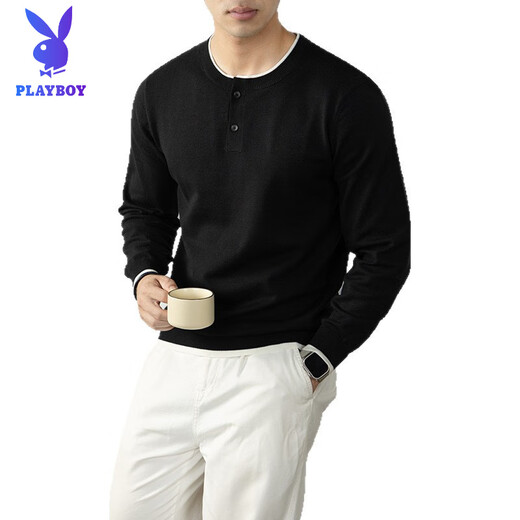 PLAYBOY Premium Sheep Wool & Modal Old Money Style Contrast Color Henley Collar Sweater Men's Spring and Autumn Skin Friendly Sweater Men Black M