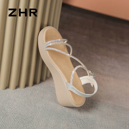 Zhr Sandalen Frauen Flash Drill Rampenhalsriemen Frauenschuhe elegante Dame Stil vielseitige Schuhe für Frauen M571 Tarnung Silber 37