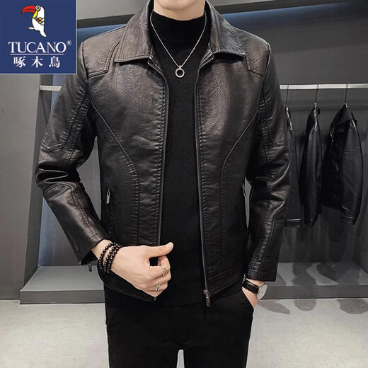 Woodpecker leather jacket for men 2025 new handsome black lapel motorcycle jacket casual leather jacket spring and autumn style black XL recommended weight 125-140Jin Jin equals 0.5 kg