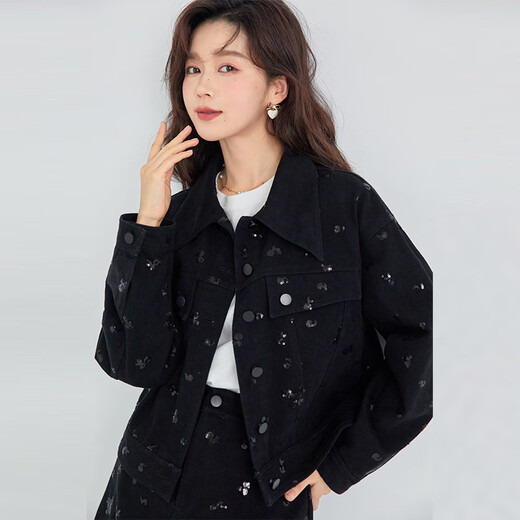 Fantu Fantu sense sequined denim short skirt suit 2024 new spring women's suit fashionable casual two-piece set black S