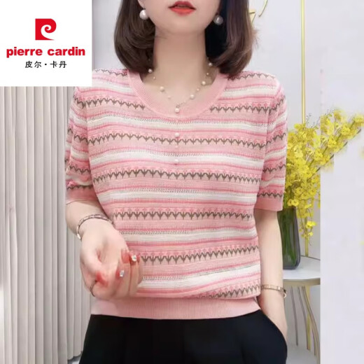 皮尔卡丹冰丝开衫短袖t恤女夏季2024新款设计感粉色提花条纹休闲薄款上衣 1049#灰色 XL 【建议115-130斤】