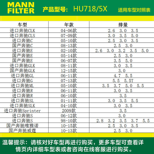曼牌（MANNFILTER）机滤机油滤芯滤清器过滤网发动机专用汽车保养配件宝马路虎奔驰 HU718/5x奔驰C级E级GLK唯雅诺威霆CLK