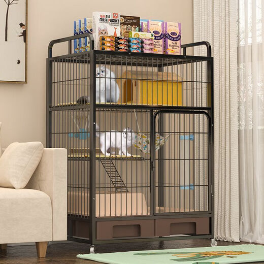 Junkiss cat cage, home storage, large free space indoors, integrated toilet, extra large cat villa, two floors and three floors, new black, large second floor, free cat litter box + storage box, package three, set of two + cat scratching board + cat gloves