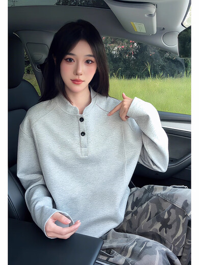 Moranya American Henley collar long-sleeved sweatshirt for men in autumn, right shoulder heavyweight polo shirt base coat, light gray M M recommended 90-100Jin Jin is equal to 0.5 kg