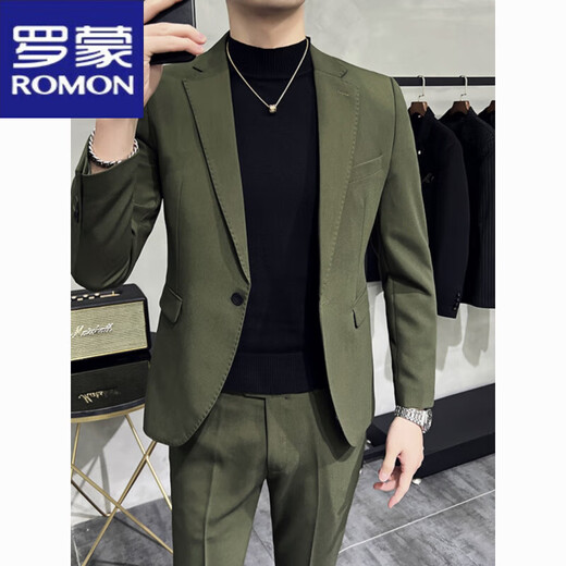 ROMON men's suit jacket, high-end, handsome, Korean version, slim fit, British yuppie business casual groom's suit, trendy dark green suit + vest + pants, two buckles M 100-115 Jin Jin is equal to 0.5 kg