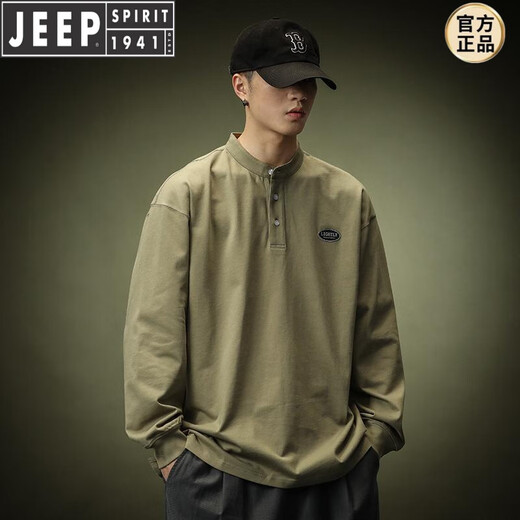 JEEP SPIRIT extra large size 300Jin Jin is equal to 0.5kg Henry collar long-sleeved T-shirt men's spring and autumn American loose layered polo. shirt sweatshirt ins trendy brand black 4XL recommended 250-300Jin Jin is equal to 0.5kg