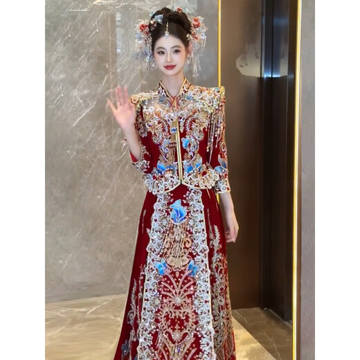 ROAR UTHAUG Velvet Xiuhe Wedding Clothes 2025 New Bride Wedding Dress Chinese Wedding Dress Heavy Industry Dragon and Phoenix Gown Wedding Clothes Red Xiuhe Clothing Free Earrings M