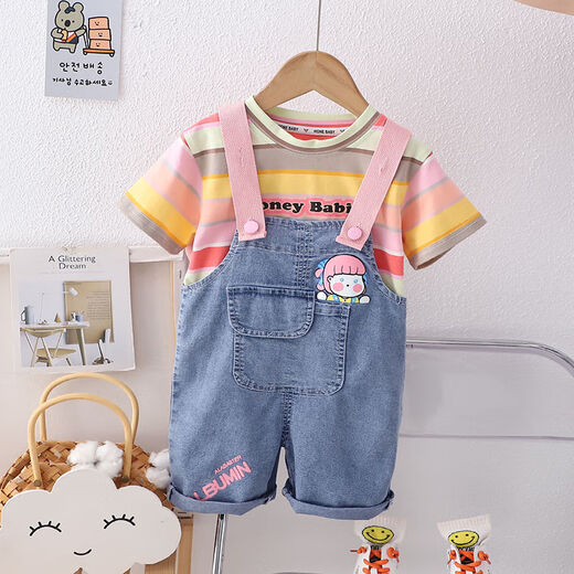 Kexin baby girl suit 2024 new short-sleeved fashionable cute overalls for children's summer two-piece girls' clothes blue 90 size recommended for 1-2 years (about 85 height)