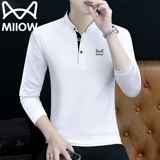 Catman long-sleeved Polo shirt men's spring and autumn round neck top solid color youth casual wear slim bottoming shirt