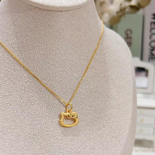 Jingyuelong Pure Gold 999 Hello Kitty Pendant Gold KT Cat Frame Bow Pendant Women's Necklace as a Gift for Girlfriend Gold Light Small Hollow Cat Approximately 0.23-0.28g+S925 Necklace