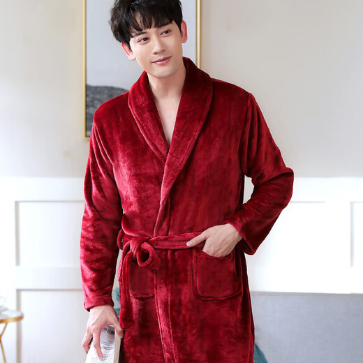 Yalu 25th Autumn and Winter New Men's Nightgown Coral Velvet Home Clothes Warm Flannel Large Size Bathrobe Large Size Home Clothes NSCJF-Light Gray Bathrobe Men's Y809 One Size