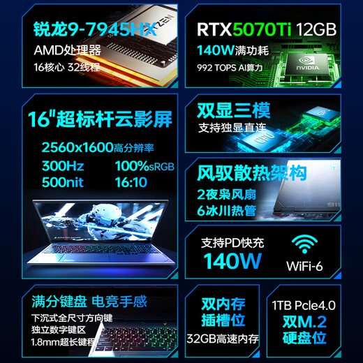 雷神猎刃16/S锐龙R9-7945HX满血RTX5070Ti电竞游戏本16英寸设计AI编程办公笔记本电脑 R9-7945HX|5070Ti|300Hz云影屏 32G内存|1T高速固态