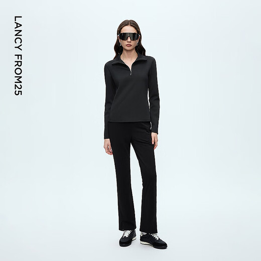 Langzi zipper stand collar slim shirt light outdoor style casual autumn and winter inner top for women 2025 winter new style black 2XL