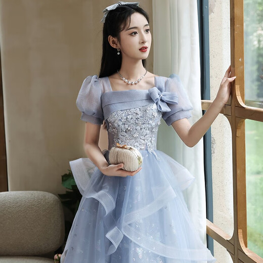 丽佰昕蓝色小晚礼服2025新款宴会高级感法式学生艺考小众主持人蓬蓬裙女 蓝色中长 M  建议90-100斤