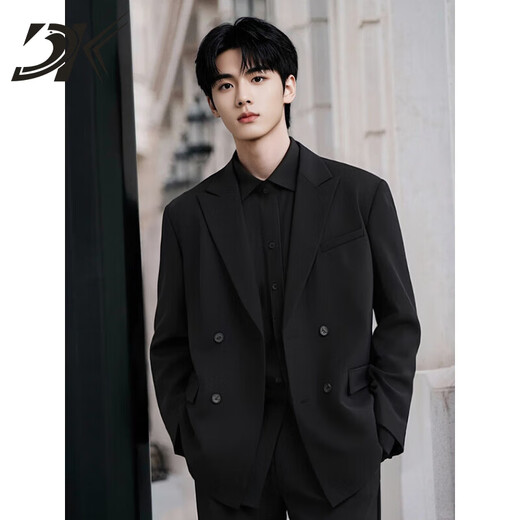 DK Brand Men's Suit Suit Men's Spring and Autumn Loose Handsome Suit Jacket Casual Engagement Wedding Dress Forest Black Jacket + Pants S