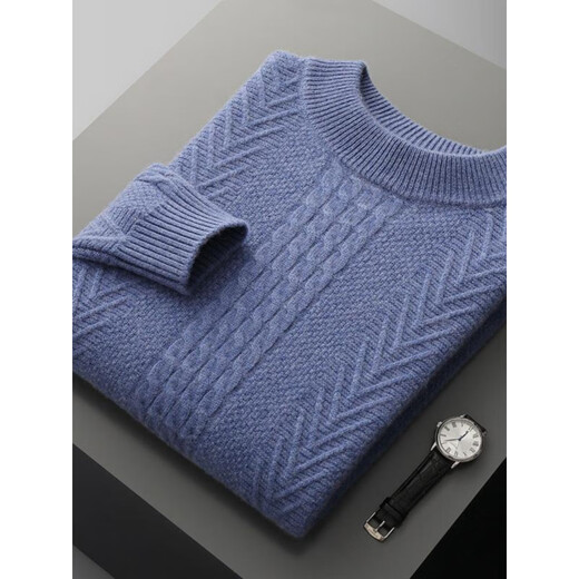 鄂尔多斯市产纯羊毛衫双股加厚男圆领针织毛衣商务休闲内搭扭花打 大象灰 XL