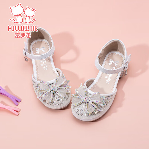 Fuluo Mi Girls Sweet Bow Rhinestone Princess Shoes Fashionable Soft Sole Crystal Shoes Pearlescent White 34