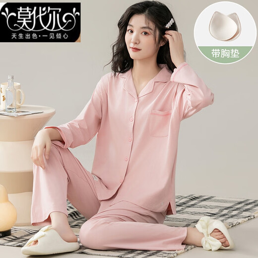 Modal pajamas for women 2025 new cotton long-sleeved autumn cartoon large size pajamas cute autumn and winter home clothes set (BBA) cotton women's G659 (with chest pad) XL (recommended 168-170 high, 120-140 Jin Jin equals 0.5 kg