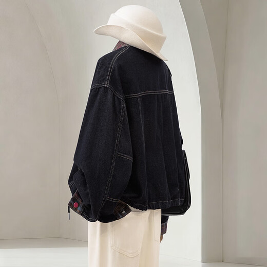 Cypress Lapel Contrast Color Stitching Denim Jacket Women's 2025 Autumn New Fashion Long Sleeve Simple Top