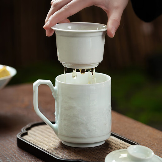 Gold inlaid jade teacher Huang Shouliang handmade Jingdezhen ceramic tea cup shadow green carved office tea cup Penglai Wonderland