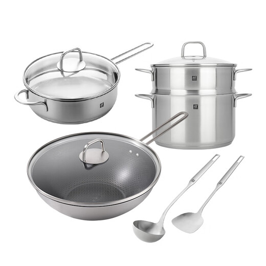 ZWILLING pot set with titanium honeycomb wok stainless steel pan frying pan soup pot spatula spoon housewarming kitchenware with titanium honeycomb wok kitchenware set 6-piece set