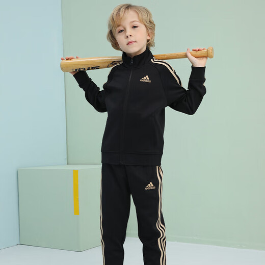 Adidas spring and autumn suit children's sports suit new outdoor casual jacket trousers two-piece set black/gold 140