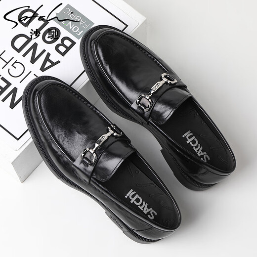 SATCHI men's shoes new men's business casual shoes genuine leather hand-grabbed popcorn sole comfortable slip-on thick-soled high-end leather shoes black 40