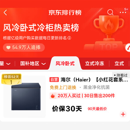 Haier Xiaohonghua 201L single temperature freezer small household small freezer refrigerated or frozen freezer small refrigerator air-cooled frost-free first-level energy efficiency BC/BD-201WGHED national subsidy
