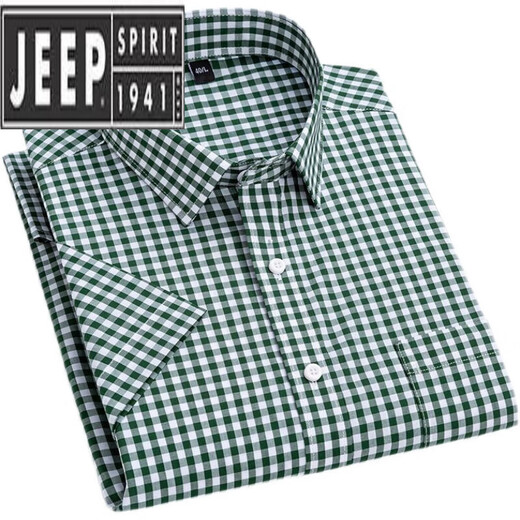 JEEP SPIRIT夏季纯.棉小格子衬衫男短袖薄款韩版修身潮流休闲棉半袖衬衣 绿色 PULO-F983 39