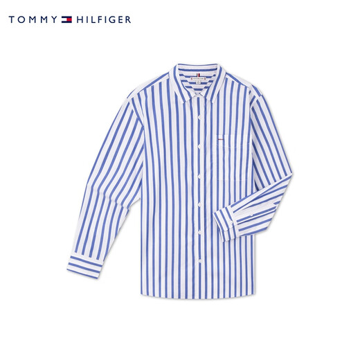 Tommy Hilfiger loose striped autumn and winter women's pure cotton light business casual resort style long-sleeved shirt jacket blue and white stripes C66 M (recommended 115-130Jin Jin equals 0.5 kg)