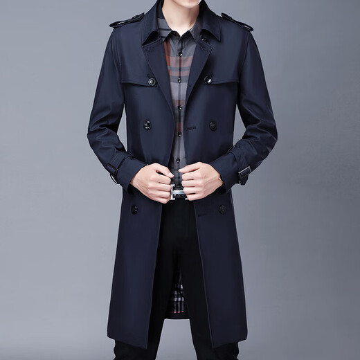 DIFANPU luxury high-end brand mid-length windbreaker men's business casual spring and autumn solid color lapel double-breasted commuter coat navy blue long 2XL 185