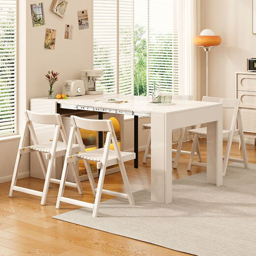 Fantasy cream style retractable solid wood dining table and sideboard integrated island small apartment space-saving multifunctional high-end folding table milky white freely retractable/can store 4 folding chairs in the cabinet at the same time retractable dining table cabinet + solid wood folding chairs*6