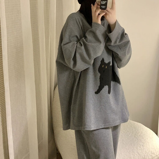 Ershanji Home Pajamas Round Neck Long Sleeve Pajamas Four Seasons New Outerwear Set Home Clothes Couple Pajamas Gray No. 2 One Size 80-125 Jin Jin equals 0.5 kg