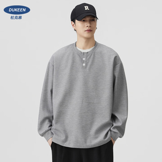 Duken heavyweight waffle sweatshirt men's spring and autumn 2025 high-end American loose Henry collar bottoming shirt long-sleeved light gray soft and skin-friendly/not easy to pilling S (recommended 110Jin Jin equal to less than 0.5 kg)