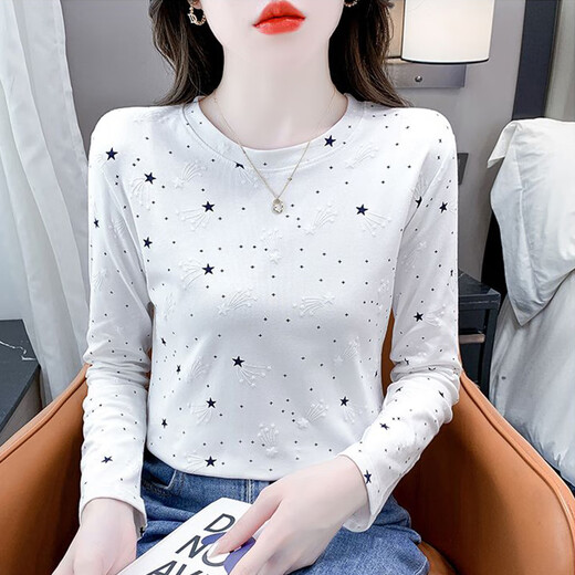 红蜻蜓纯棉时尚印花打底衫女长袖秋季新款修身百搭圆领T恤内搭上衣 DD1396#（白色）长袖 M 【建议91-105斤】