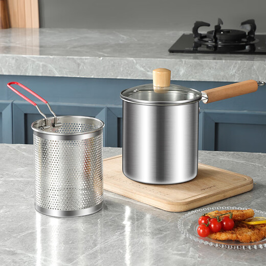 Gold soup and silver dumplings 316 stainless steel frying pan for home kitchen fuel-saving small frying pan for French fries skewers and fried eggs for gas induction cooker frying pan + drain blue + visible lid 16.5cm 3L