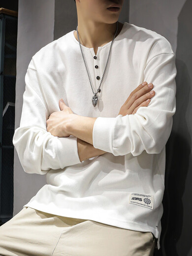 Luo Meng spring and autumn heavy cotton men's sweatshirt loose large size American fashion brand top Henry collar long-sleeved T-shirt bottoming shirt white L suitable weight 130-145Jin Jin equals 0.5 kg