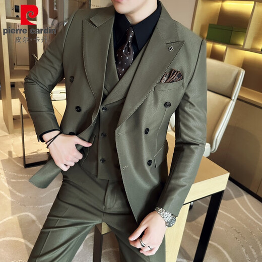 Pierre Cardin double-breasted brown high-end handsome suit men's suit Korean version slim wedding groom small suit jacket navy blue (suit + pants) 2XL