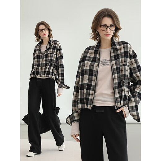 COCOBELLA25 Early Autumn New Cotton Plaid Shirt Women's Commuting Casual Fashion Jacket SR3230 Color Black Plaid M
