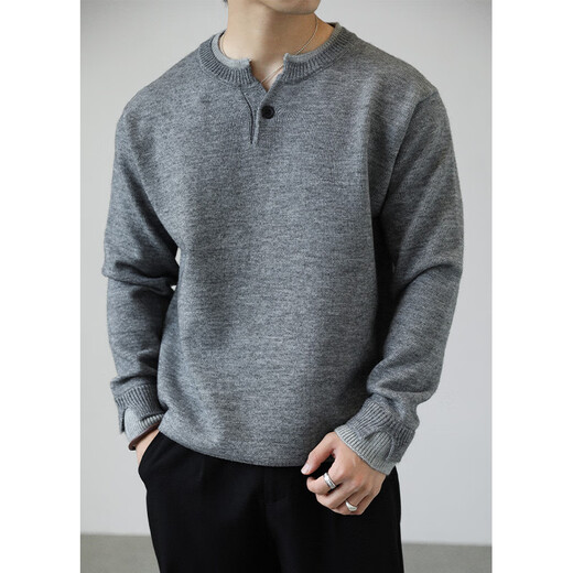 Kuraishi Kazuki trendy brand old money retro Henry collar sweater men's 2025 autumn and winter fashion versatile casual warm top light gray M