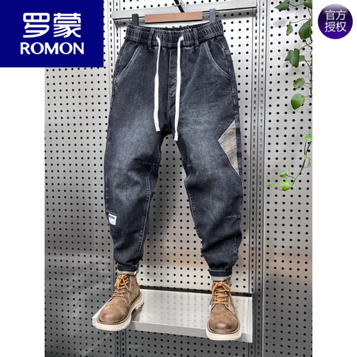 罗蒙（ROMON）秋冬加绒弹力牛仔裤男潮流拼接小脚休闲哈伦裤青年痞帅国潮老爹裤 蓝色 加绒 S