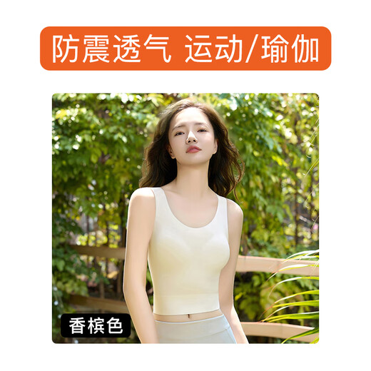 莫代尔运动内衣女防震高强度防下垂薄款外穿固定杯跑步瑜伽美背文胸罩夏 1件[高强度防震]香槟色 L  (115-125斤)