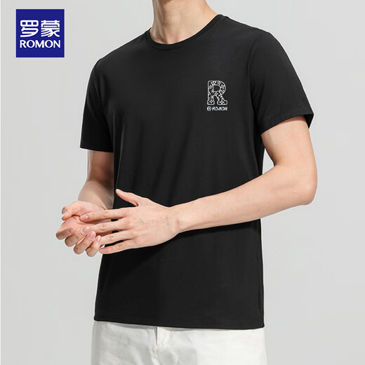 罗蒙（ROMON）冰丝感短袖T恤男士夏季休闲时尚弹力透气打底衫男698黑色XL