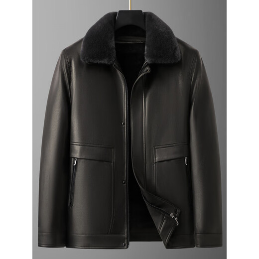 九九王九牧王带毛领皮衣男士加大码加绒保暖外套冬季胖子可脱卸内胆翻领 黑色 L (建议100-120斤)