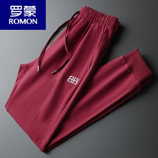 罗蒙（ROMON）运动裤男棉春秋薄款束脚休闲长裤小脚刺绣男士酒红色裤子男卫裤 黑色9928春秋薄款 2XL